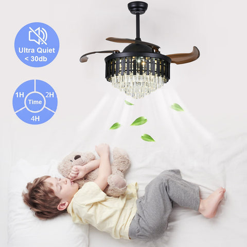 OUKANING Retractable Crystal Chandelier Ceiling Fan Light with Remote Control